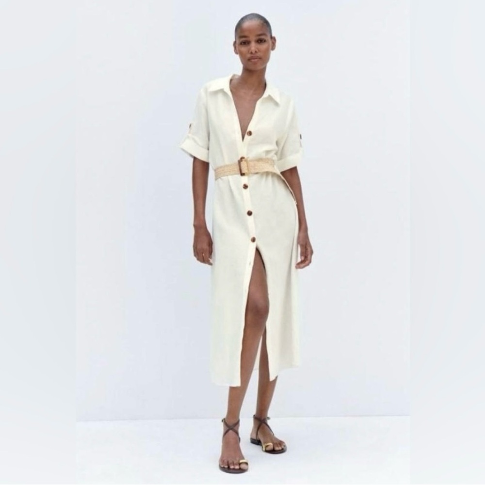 Zara Ecru Buttoned Midi Shirt Dress with Belt